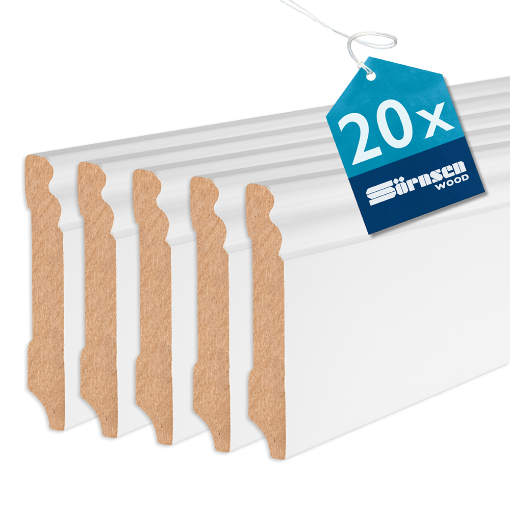 20x Sörnsen Wood Sockelleiste MDF mit Altdeutschem Profil, weiß, 16 x 95 x 2440 mm