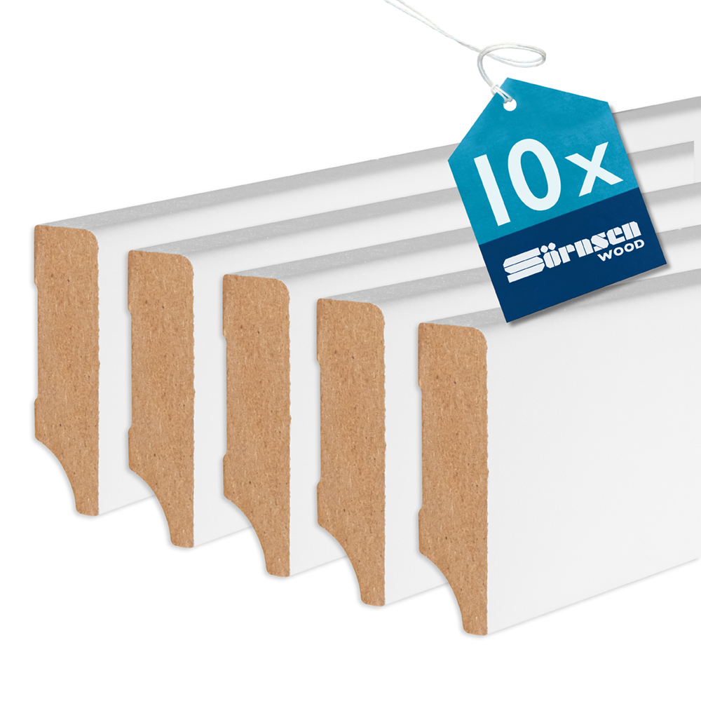 10x Sörnsen Wood Sockelleiste MDF mit Weimarer Profil, weiß, 16 x 58 x 2440 mm