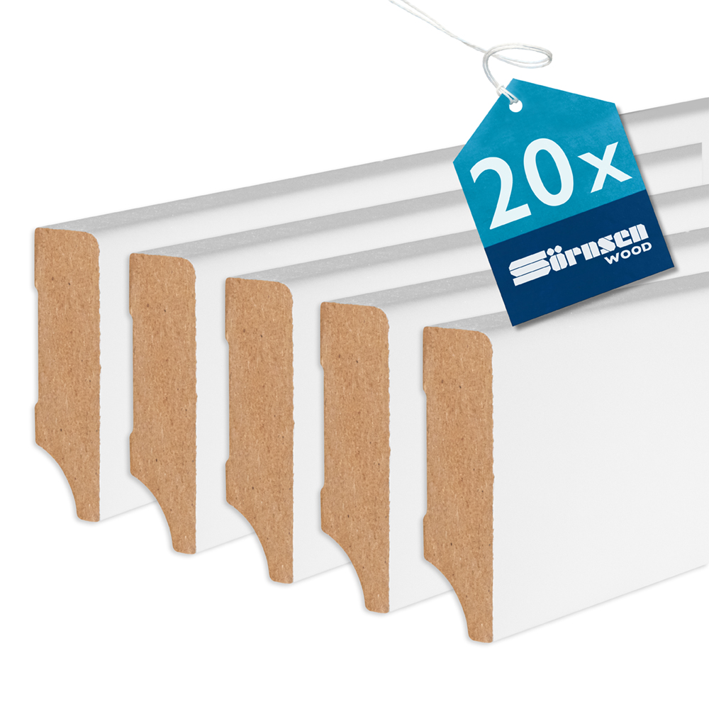 20x Sörnsen Wood Sockelleiste MDF mit Weimarer Profil, weiß, 16 x 58 x 2440 mm