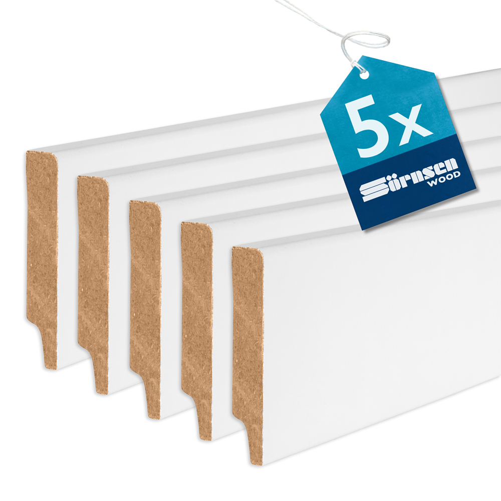 5x Sörnsen Wood Sockelleiste MDF mit Weimarer Profil, weiß, 12 x 68 x 2440 mm