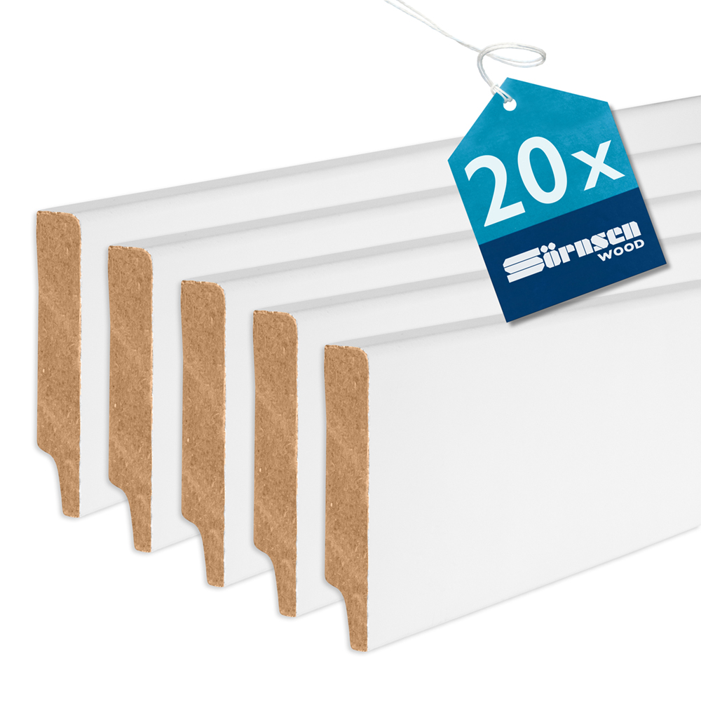 20x Sörnsen Wood Sockelleiste MDF mit Weimarer Profil, weiß, 12 x 68 x 2440 mm