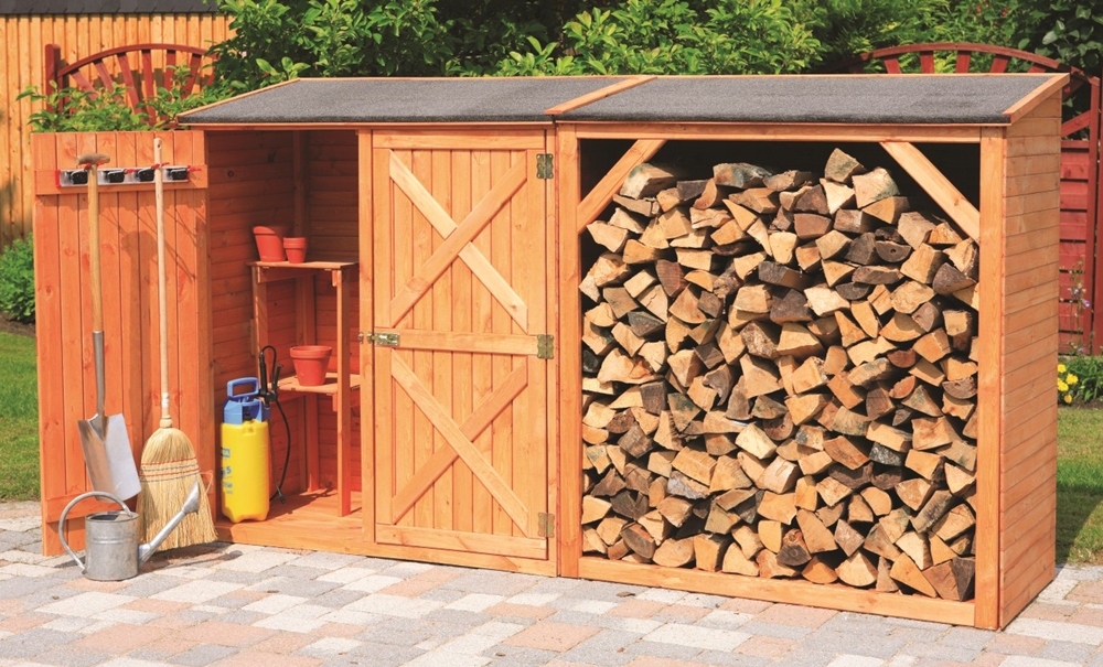 Abgebildete Schiene mit 4 Gerätehaltern und Garten-Utensilien sowie Kaminholz nicht im Lieferumfang enthalten.